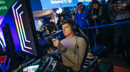 Max Verstappen racing at the global final of Player 0.0 sim racing competition, hosted at the Heineken Experience on December 06, 2023 in Amsterdam