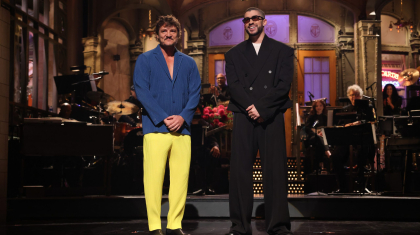 SATURDAY NIGHT LIVE -- “Bad Bunny” Episode 1846 -- Pictured: (l-r) Pedro Pascal and host Bad Bunny during the Monologue on Saturday, October 21, 2023 -- (Photo by: Will Heath/NBC)