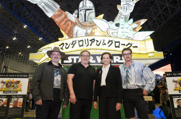 TOKYO, JAPAN - APRIL 18: Dave Filoni, Jon Favreau, Sigourney Weaver and Pedro Pascal pose in front of the Nebuta Mandalorian-themed float during Star Wars Celebration Japan Day 1 on April 18, 2025 in Chiba, Japan. (Photo by Tomohiro Ohsumi/Getty Images for Disney)