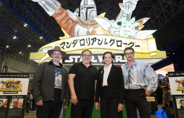 TOKYO, JAPAN - APRIL 18: Dave Filoni, Jon Favreau, Sigourney Weaver and Pedro Pascal pose in front of the Nebuta Mandalorian-themed float during Star Wars Celebration Japan Day 1 on April 18, 2025 in Chiba, Japan. (Photo by Tomohiro Ohsumi/Getty Images for Disney)