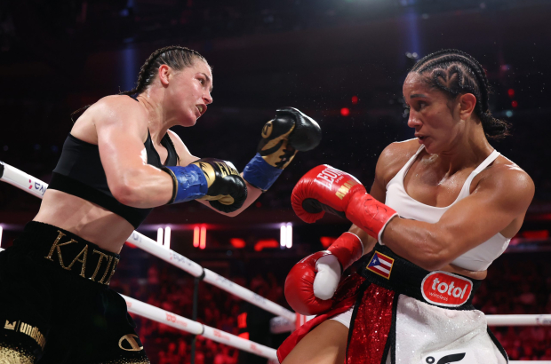 NEW YORK, NEW YORK - JULY 11: (L-R) Katie Taylor fights Amanda Serrano in their undisputed IBF, WBA, WBC, WBO, and Ring super lightweight championship bout during Netflix's Katie Taylor vs Amanda Serrano 3 at Madison Square Garden on July 11, 2025 in New York City. (Photo by Al Bello/Getty Images for Netflix)