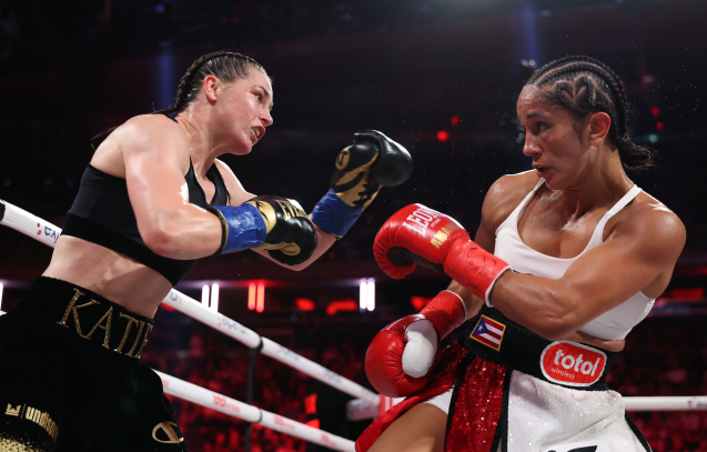 NEW YORK, NEW YORK - JULY 11: (L-R) Katie Taylor fights Amanda Serrano in their undisputed IBF, WBA, WBC, WBO, and Ring super lightweight championship bout during Netflix's Katie Taylor vs Amanda Serrano 3 at Madison Square Garden on July 11, 2025 in New York City. (Photo by Al Bello/Getty Images for Netflix)