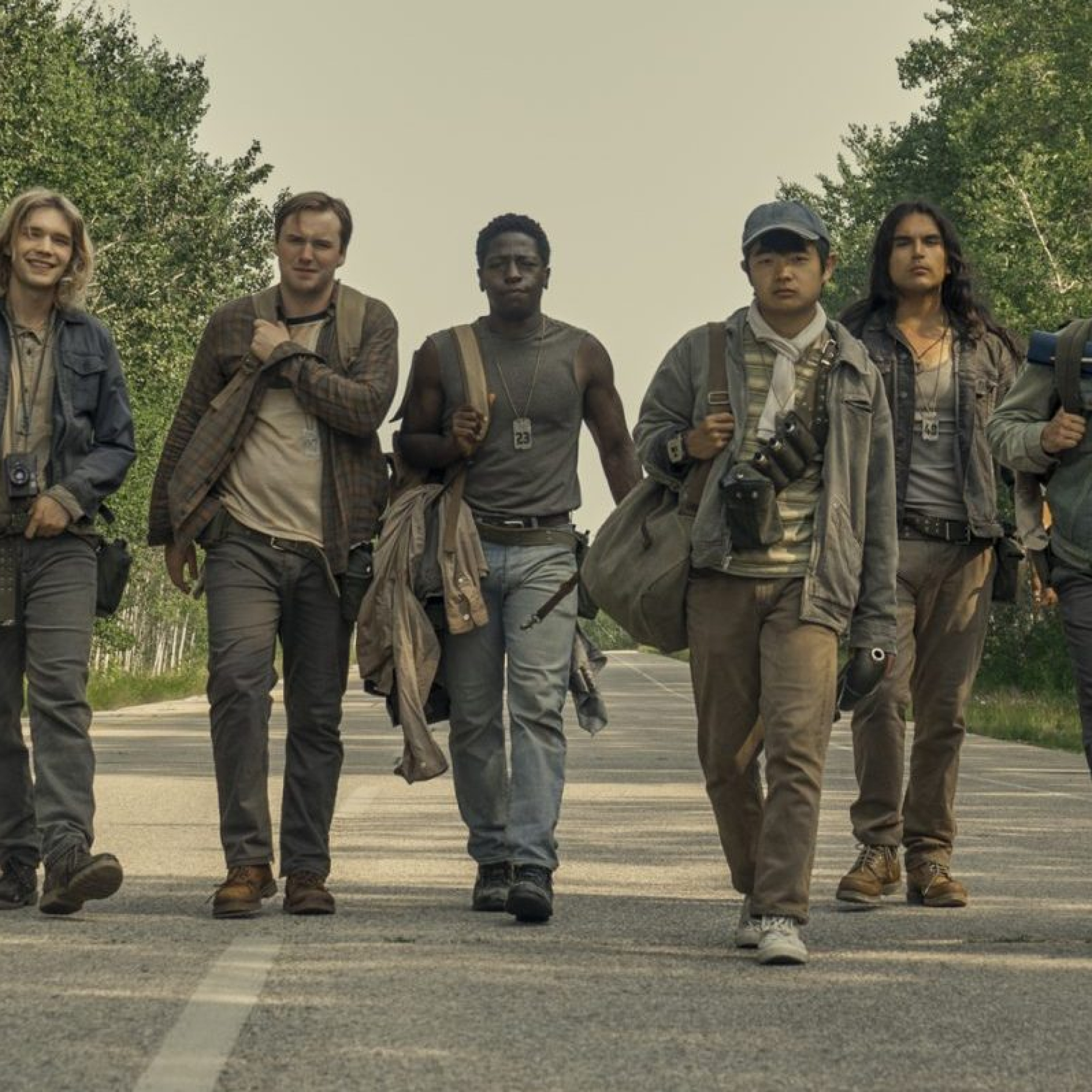 Garrett Wareing as Stebbins, Roman Griffin Davis as Curley, Charlie Plummer as Barkovitch, Cooper Hoffman as Garraty, David Jonsson as McVries, Ben Wang as Olson, Joshua Odjick as Parker, Jordan Gonzalez as Harkness, and Tut Nyuot as Baker in The Long Walk. Photo Credit: Murray Close/Lionsgate