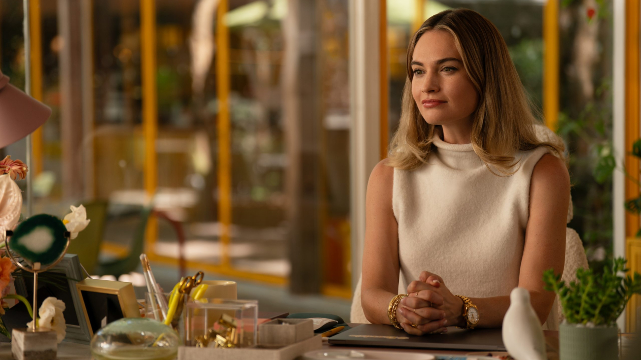 Lily James as Whitney Wolfe Herd in 20th Century Studios' SWIPED. Photo by Hilary Bronwyn Gayle. © 2025 20th Century Studios. All Rights Reserved.