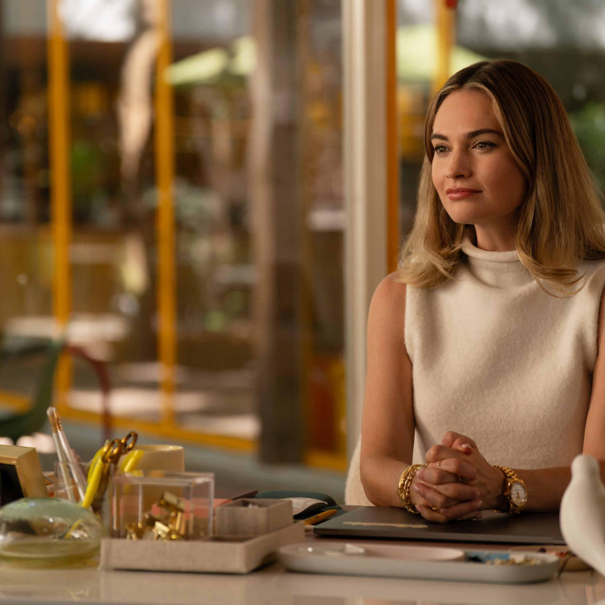 Lily James as Whitney Wolfe Herd in 20th Century Studios' SWIPED. Photo by Hilary Bronwyn Gayle. © 2025 20th Century Studios. All Rights Reserved.