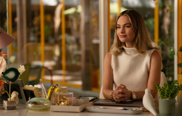 Lily James as Whitney Wolfe Herd in 20th Century Studios' SWIPED. Photo by Hilary Bronwyn Gayle. © 2025 20th Century Studios. All Rights Reserved.