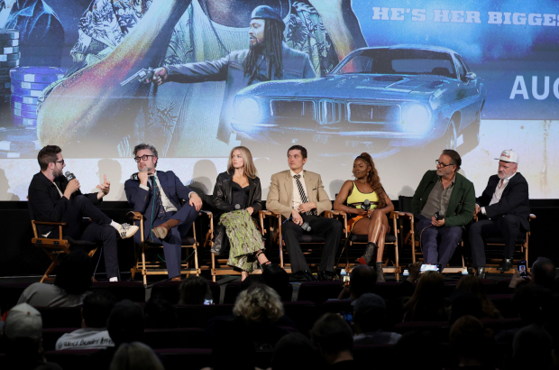 SANTA MONICA, CALIFORNIA - AUGUST 19: (L-R) (L-R) Kevin McCarthy, Shawn Simmons, Samara Weaving, Karl Glusman, Kyanna Simone Simpson, Andy García and Mike O'Malley speak onstage during the "Eenie Meanie" Launch event Q&A with Beyond Fest at the Aero Theatre in Santa Monica, California on August 19, 2025. (Photo by Jesse Grant/Getty Images for 20th Century Studios)