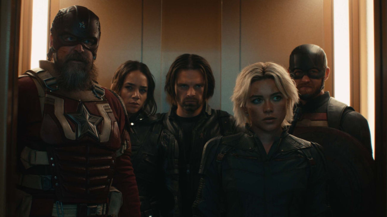 (L-R): Alexei Shostakov/Red Guardian (David Harbour), Ghost (Hannah John-Kamen), Bucky Barnes (Sebastian Stan), Yelena Belova (Florence Pugh), and John Walker (Wyatt Russell) in Marvel Studios' THUNDERBOLTS*. Photo courtesy of Marvel Studios. © 2024 MARVEL.
