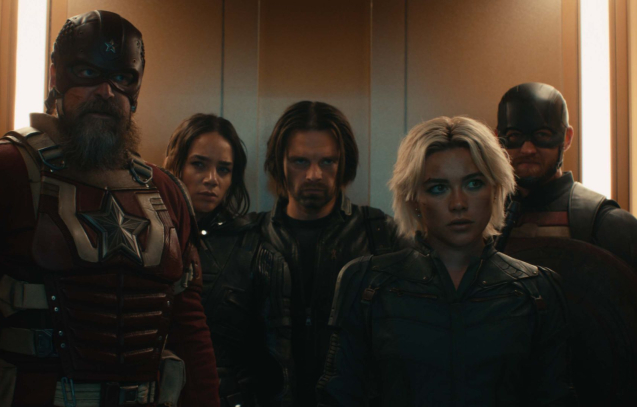 (L-R): Alexei Shostakov/Red Guardian (David Harbour), Ghost (Hannah John-Kamen), Bucky Barnes (Sebastian Stan), Yelena Belova (Florence Pugh), and John Walker (Wyatt Russell) in Marvel Studios' THUNDERBOLTS*. Photo courtesy of Marvel Studios. © 2024 MARVEL.