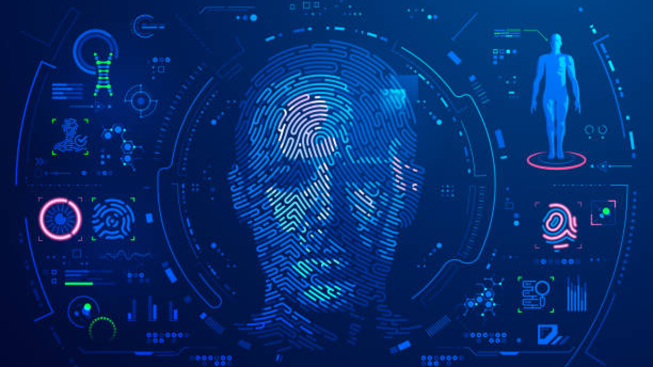 concept of digital forensic or biometrics, graphic of man face combined with fingerfrint pattern and futuristic interface
