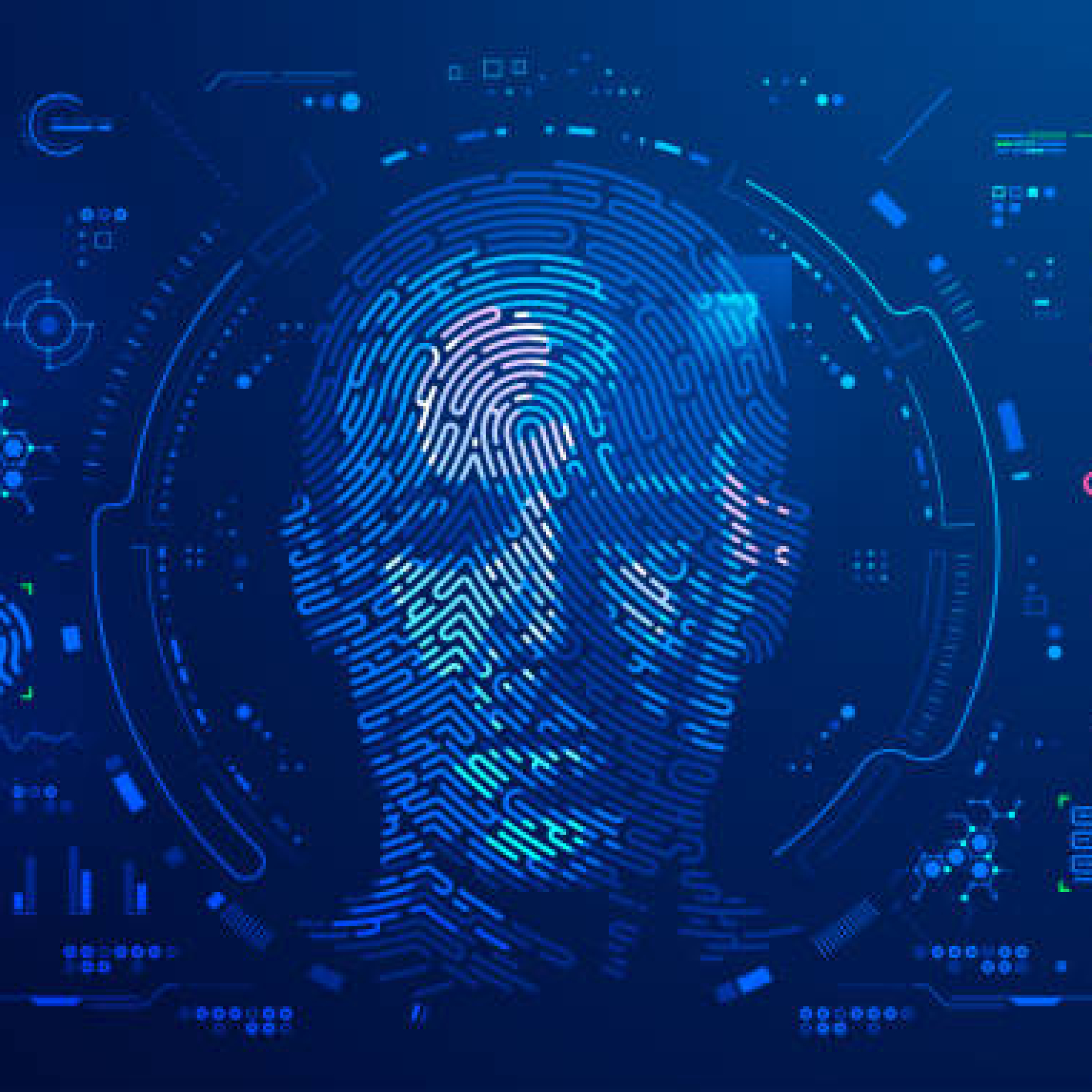 concept of digital forensic or biometrics, graphic of man face combined with fingerfrint pattern and futuristic interface