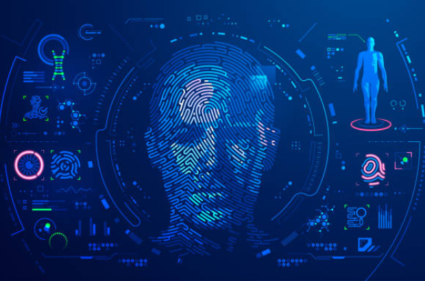 concept of digital forensic or biometrics, graphic of man face combined with fingerfrint pattern and futuristic interface