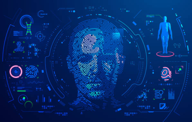 concept of digital forensic or biometrics, graphic of man face combined with fingerfrint pattern and futuristic interface