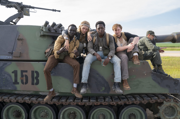 Tut Nyuot as Baker, Charlie Plummer as Barkovitch, David Jonsson as McVries, and Cooper Hoffman as Garraty in The Long Walk. Photo Credit: Murray Close/Lionsgate