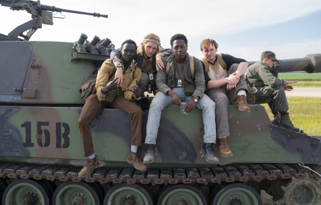 Tut Nyuot as Baker, Charlie Plummer as Barkovitch, David Jonsson as McVries, and Cooper Hoffman as Garraty in The Long Walk. Photo Credit: Murray Close/Lionsgate