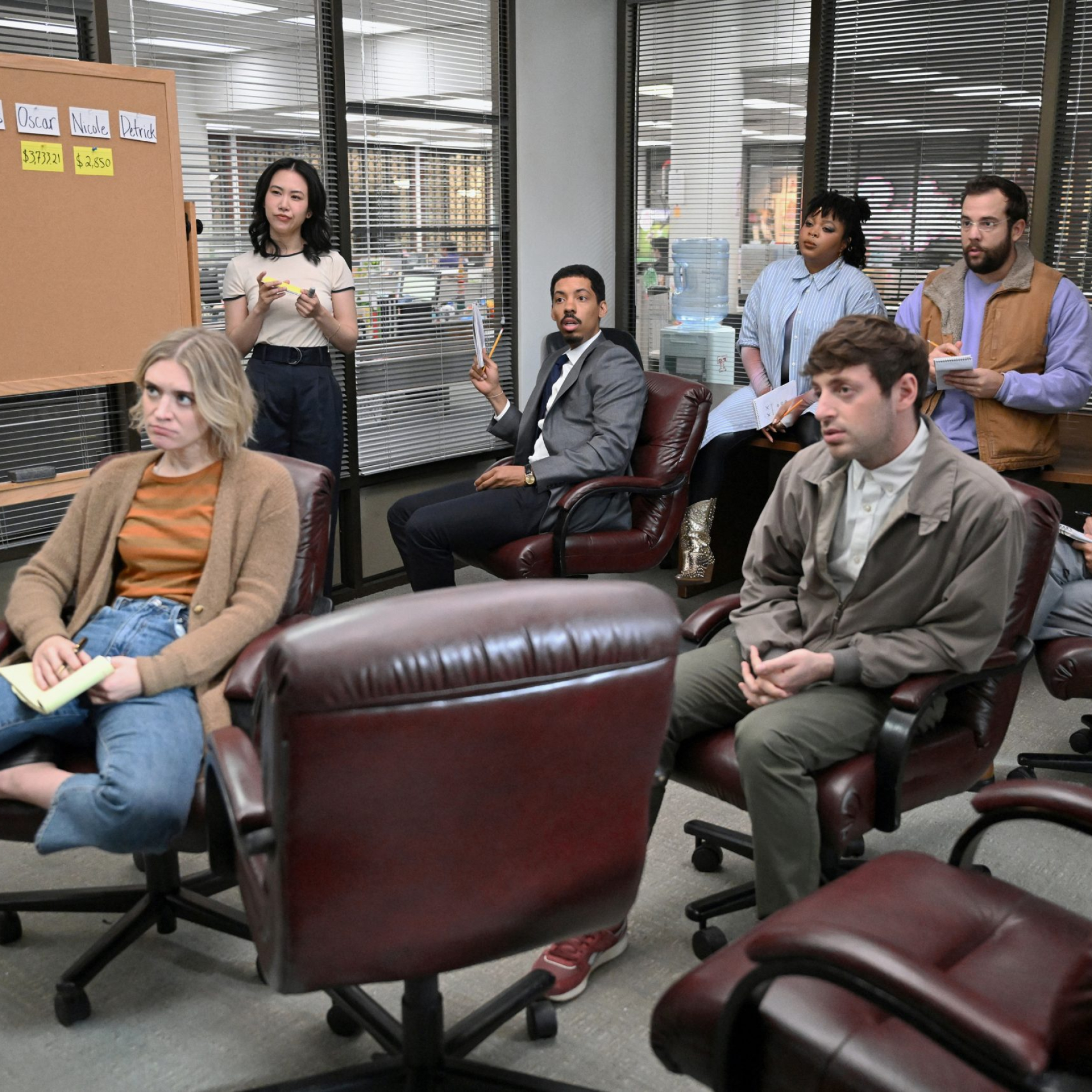 The Paper -- Episode 105 -- Pictured: (l-r) Chelsea Frei as Mare, Ramona Young as Nicole, Melvin Gregg as Detrick, Gbemisola Ikumelo as Adelola, Alex Edelman as Adam, Eric Rahill as Travis, Oscar Nunez as Oscar -- (Photo by: John P. Fleenor/PEACOCK)