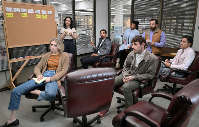The Paper -- Episode 105 -- Pictured: (l-r) Chelsea Frei as Mare, Ramona Young as Nicole, Melvin Gregg as Detrick, Gbemisola Ikumelo as Adelola, Alex Edelman as Adam, Eric Rahill as Travis, Oscar Nunez as Oscar -- (Photo by: John P. Fleenor/PEACOCK)