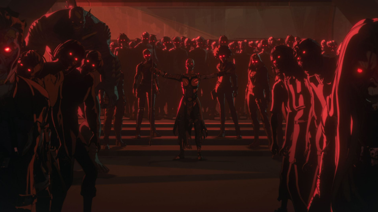 (Center): Zombie Okoye (voiced by Kenna Ramsey) in Marvel Television's MARVEL ZOMBIES exclusively on Disney+. Photo courtesy of Marvel Television. © 2025 MARVEL.