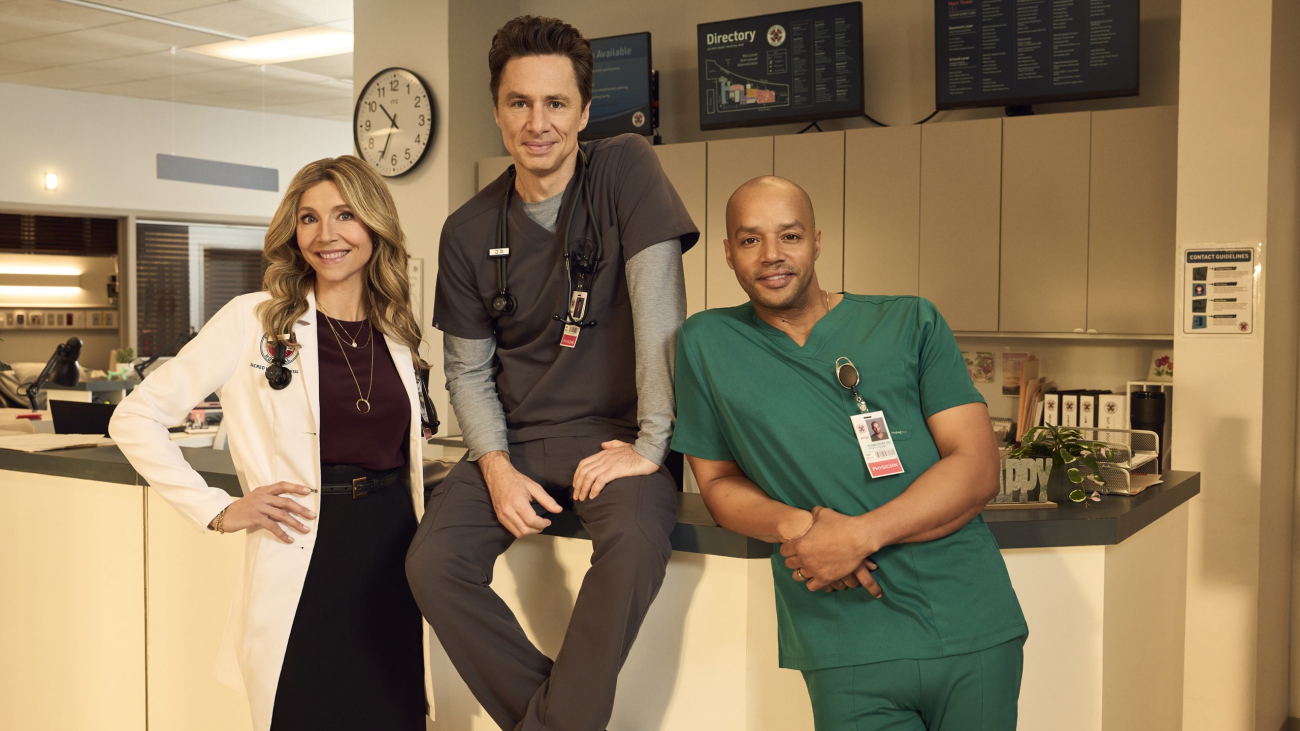 SCRUBS - ABC's “Scrubs” stars Sarah Chalke as Elliot Reid, Zach Braff as John "J.D." Dorian, and Donald Faison as Christopher Turk. (Disney/Brian Bowen Smith)
