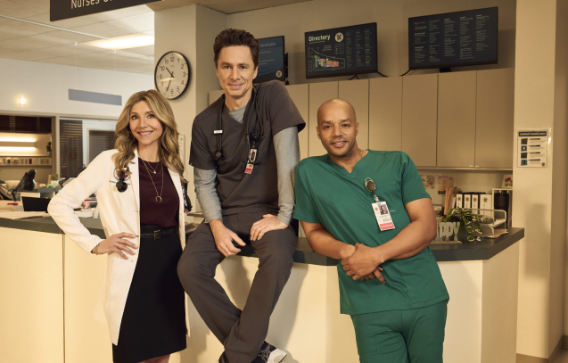 SCRUBS - ABC's “Scrubs” stars Sarah Chalke as Elliot Reid, Zach Braff as John "J.D." Dorian, and Donald Faison as Christopher Turk. (Disney/Brian Bowen Smith)