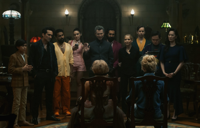 From L to R: Juan Pablo Romero, Nestor Carbonell, Varun Saranga, Maša Lizdek, Shawn Hatosy, Samara Weaving, Nadeem Umar-Khitab, Sarah Michelle Gellar, Daniel Beirne, Kathryn Newton, Antony Hall, and Olivia Cheng in READY OR NOT 2: HERE I COME. Photo by Searchlight Pictures/Pief Weyman, Courtesy of Searchlight Pictures. © 2026 Searchlight Pictures. All Rights Reserved.